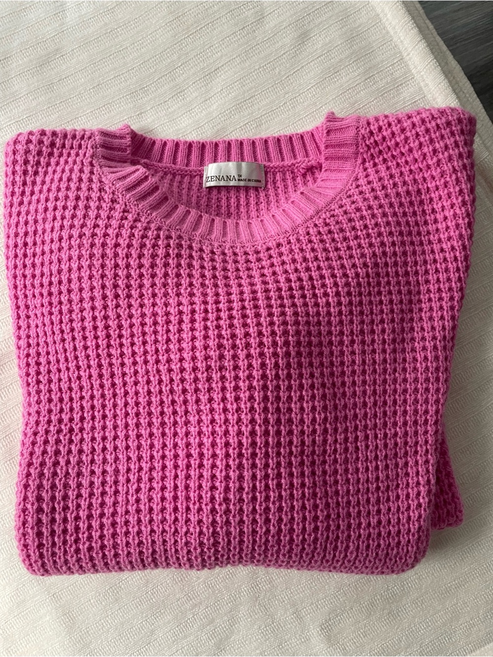 Zenana Outfitters Hot Pink Waffle Knit Crewneck Sweater